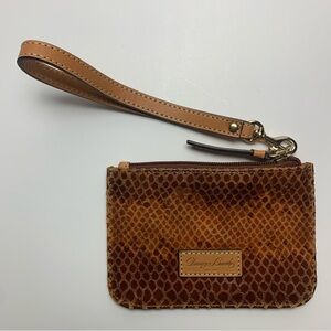 Dooney & Bourke Brown Leather Wristlet Snake Reptile Print Clutch Pouch